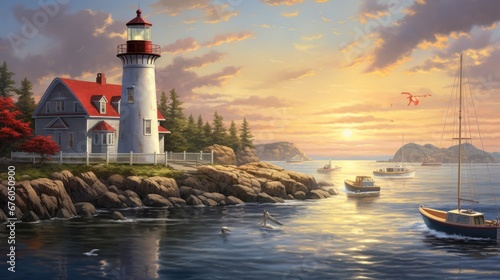  a painting of a lighthouse and a boat on a body of water in front of a lighthouse with a red roof.  generative ai photo
