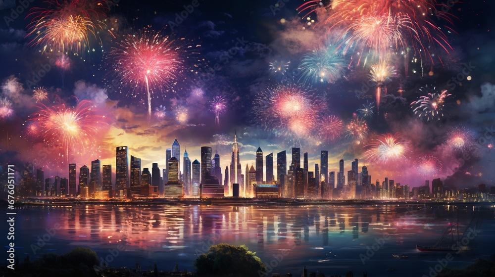 fireworks over night city sky, holiday background, bright colorful lights fireworks over night city sky, holiday background, bright colorful lights