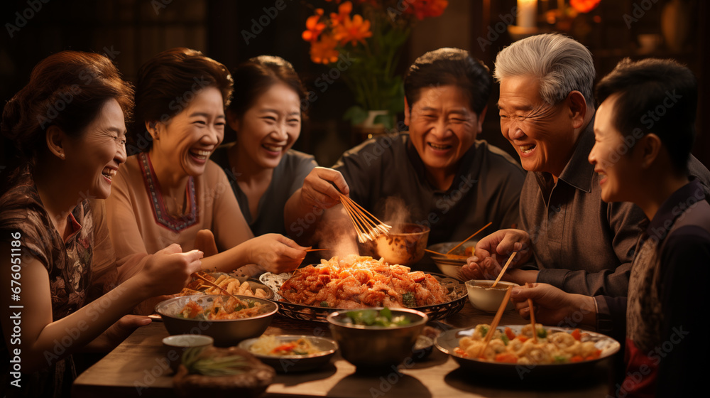 Family Reunion Dinner: A heartwarming scene of a multigenerational family enjoying a sumptuous reunion dinner on Chinese New Year's Eve