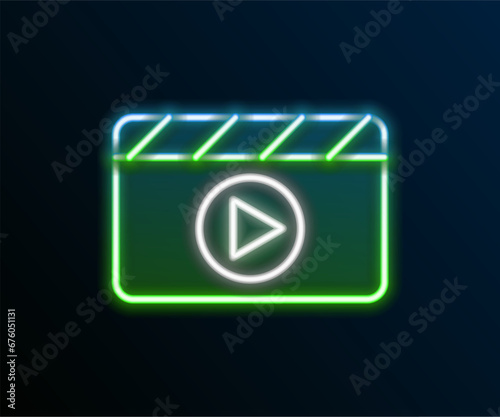 Glowing neon line Movie clapper icon isolated on black background. Film clapper board. Clapperboard sign. Cinema production or media industry. Colorful outline concept. Vector