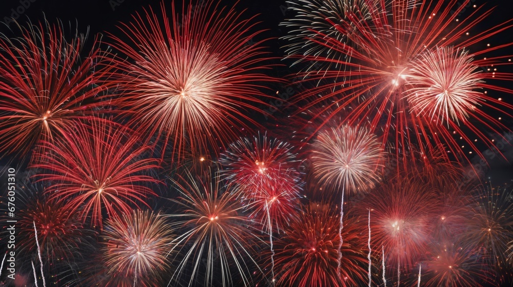 Fototapeta premium fireworks in night sky, holiday background, bright colorful lights