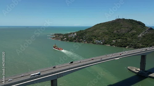 Imagens aéreas da 3ª ponte e canal de Vitória com convento da penha ao fundo e porto de Vila Velha. photo