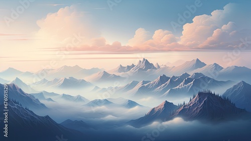  a painting of a mountain range in the distance with clouds in the sky and the sun shining through the clouds.  generative ai