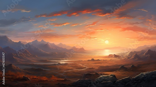 a painting of a sunset in a desert with a mountain range in the distance and a body of water in the foreground. generative ai