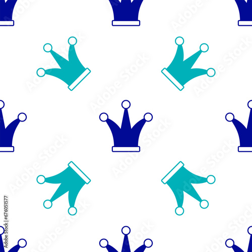 Blue Joker playing card icon isolated seamless pattern on white background. Jester hat with bells. Casino gambling. Vector