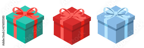 Christmas gift with bow in isometric projection - vector illustration