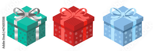 Christmas gift with bow in isometric projection - vector illustration