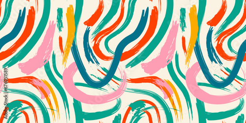Colorful abstract brush stroke painting seamless pattern illustration. Modern paint line background in fun color. Messy graffiti sketch wallpaper print, freehand rough hand drawn texture.