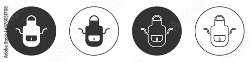 Black Barber apron icon isolated on white background. Apron of a hairdresser with pockets. Circle button. Vector