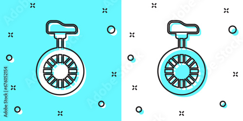 Black line Unicycle or one wheel bicycle icon isolated on green and white background. Monowheel bicycle. Random dynamic shapes. Vector