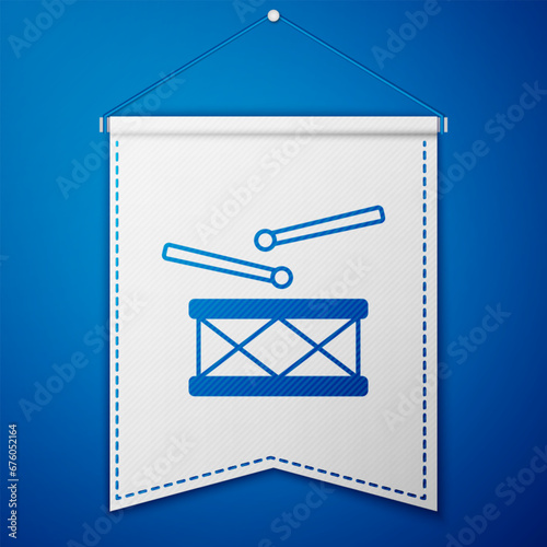 Blue Drum with drum sticks icon isolated on blue background. Music sign. Musical instrument symbol. White pennant template. Vector