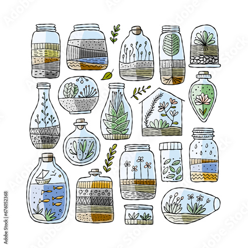 Florarium in bottle set with cactuses, succulents, leaves, branches, stones and seashells decoration on sand. Exotic small house plant, home miniature garden. Floral terrarium collection for your