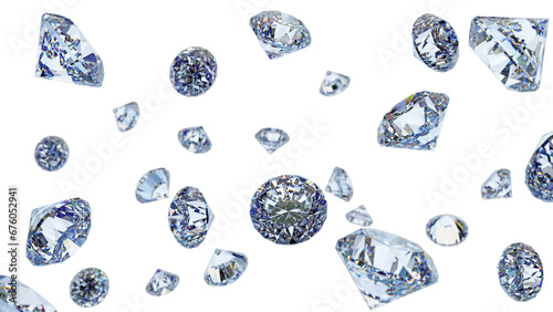 Large Clear shiny falling diamonds with dof isolated on transparent background. png. 3d render illustration