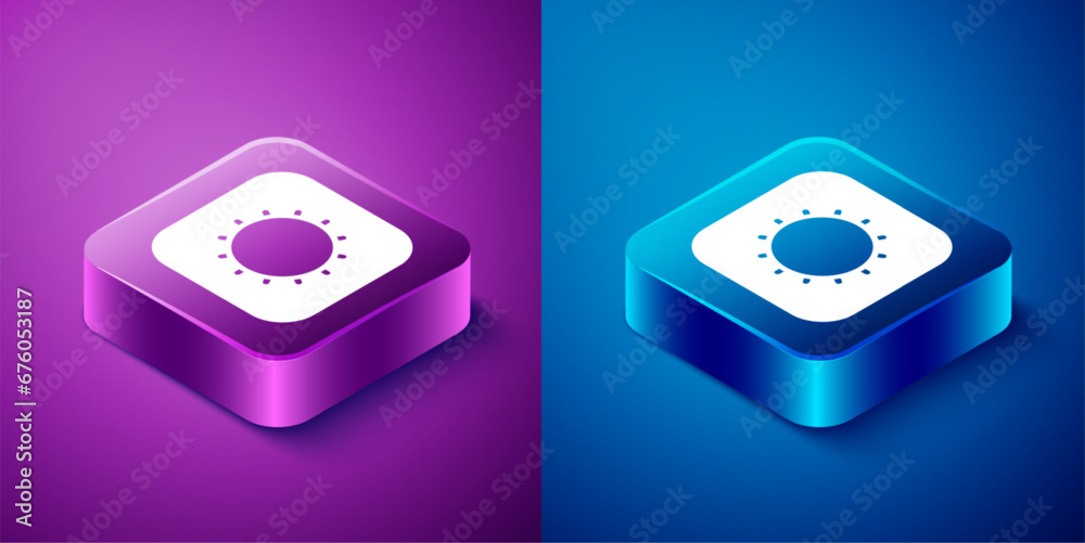 Isometric Sun icon isolated on blue and purple background. Square button. Vector Isometric Sun icon isolated on blue and purple background. Square button. Vector