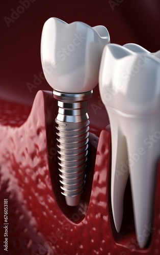 white dental implant model on red background. 3d render