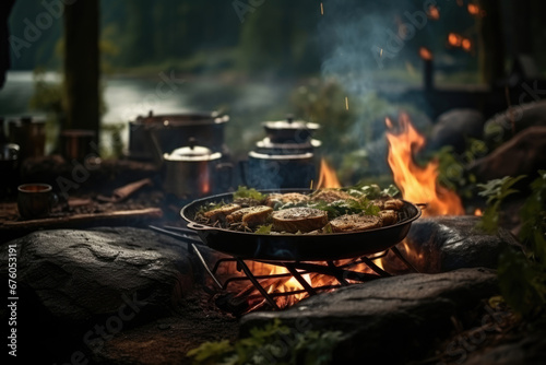Grilled meat with vegetables in a barbecue pan on a fire in the forest on a picnic