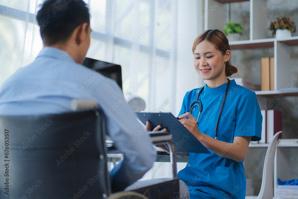 Obraz premium Doctor and patient sitting and talking at medical examination at hospital office, close-up. Therapist filling up medication history records. Medicine and healthcare concept.