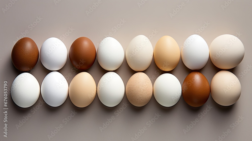a group of brown and white eggs lined up in a row on a gray and white background with one brown egg in the middle of the row. generative ai a group of brown and white eggs lined up in a row on a gray and white background with one brown egg in the middle of the row. generative ai