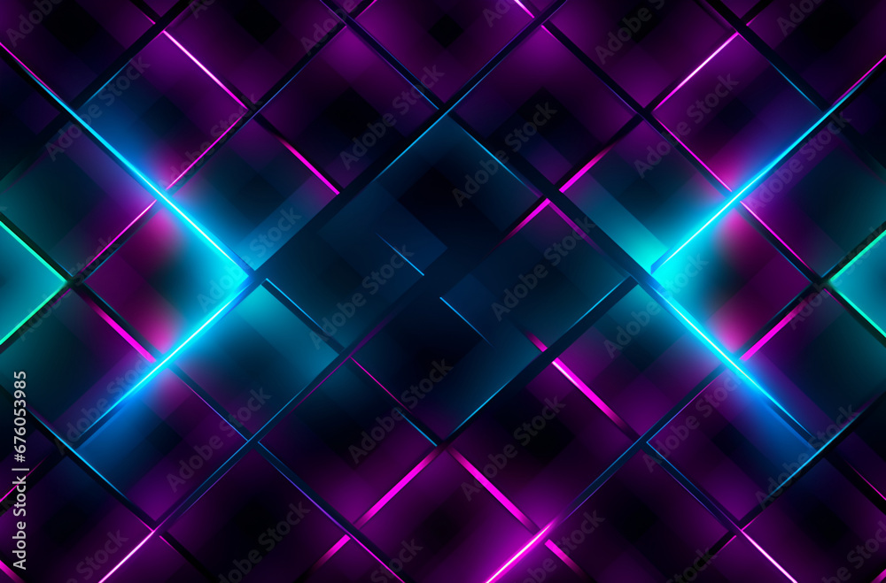 A bright and colorful abstract pattern with a geometric pattern, diamonds creates the illusion of depth and a 3D effect, neon edges, blue, violet, magenta and cyan, light reflects and refracts in the A bright and colorful abstract pattern with a geometric pattern, diamonds creates the illusion of depth and a 3D effect, neon edges, blue, violet, magenta and cyan, light reflects and refracts in the