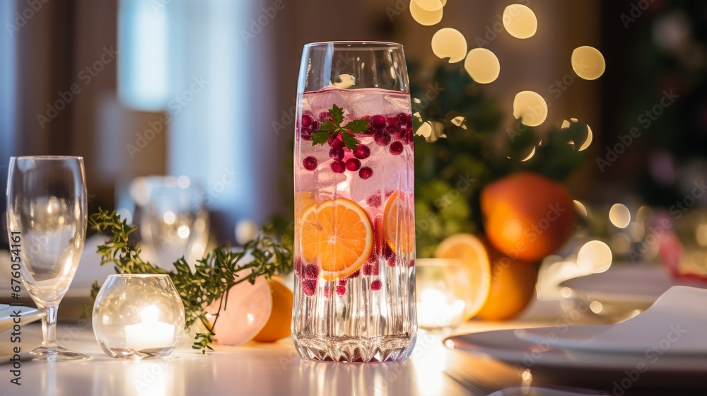 Christmas dinner table décor using flavored water in a vase