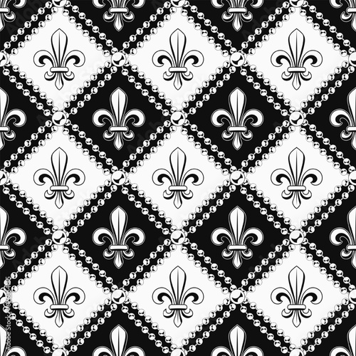 Geometric black and white pattern with fleur de lis symbol. Diagonal square grid. Illustration for Mardi Gras carnival. Vintage illustration for prints, clothing, holiday, surface design