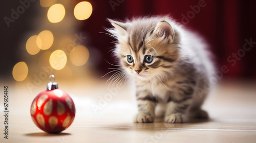 copy space, stockphoto, cute kitten playing with a Christmas bauble. Cute pet playing with a Christmas bauble during christmas time. Background for greeting card, invitation card. Christmas theme.
