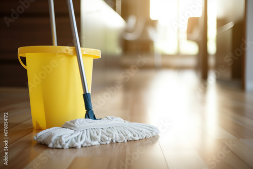 Close up view of mop and yellow bucket on parquet floor of room. Housekeeping, cleaning concept