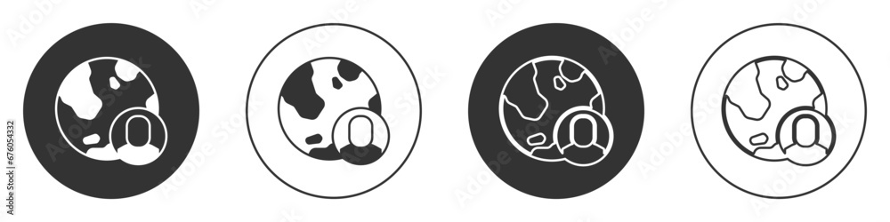 Black Globe and people icon isolated on white background. Global business symbol. Social network icon. Circle button. Vector Black Globe and people icon isolated on white background. Global business symbol. Social network icon. Circle button. Vector
