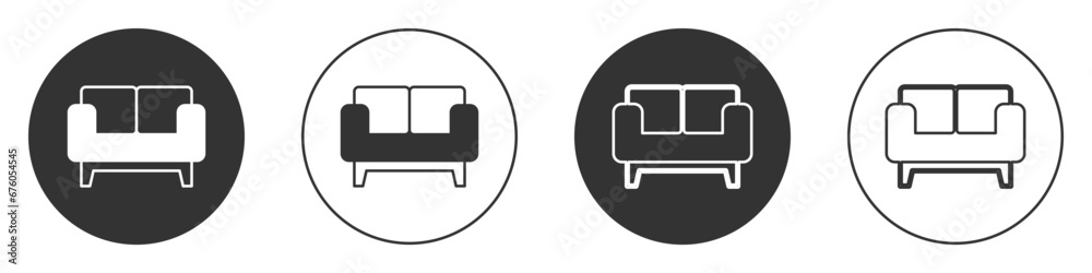 Black Sofa icon isolated on white background. Circle button. Vector Black Sofa icon isolated on white background. Circle button. Vector