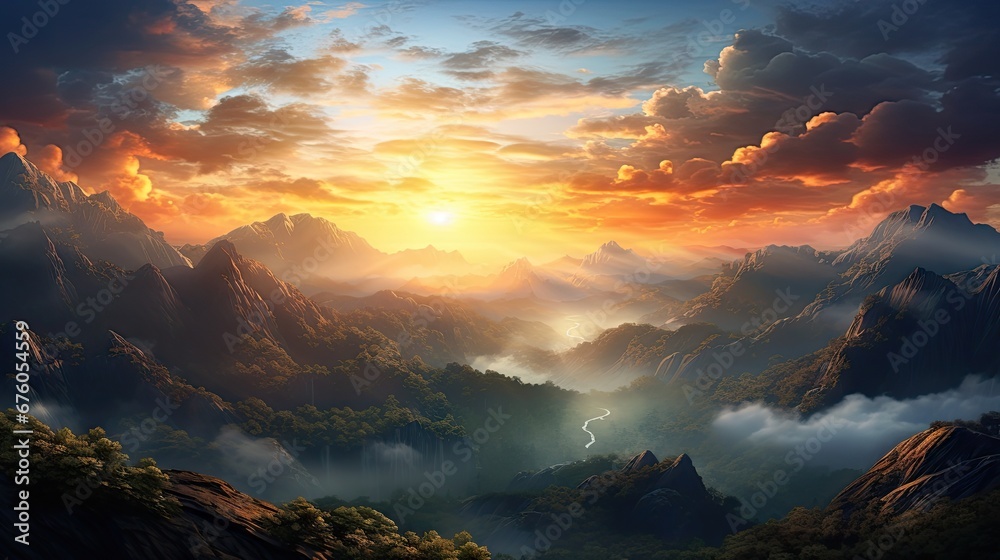 a painting of a sunset over a mountain range with a river running through the valley in the foreground and a river running through the valley in the foreground. generative ai a painting of a sunset over a mountain range with a river running through the valley in the foreground and a river running through the valley in the foreground. generative ai