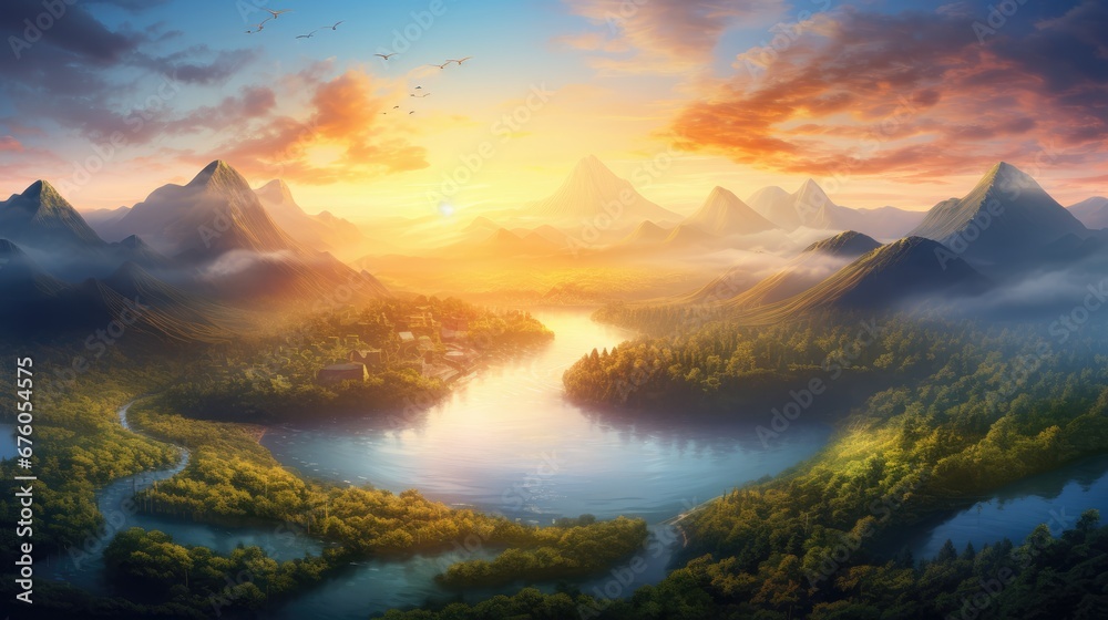  a painting of a landscape with mountains and a lake in the foreground, and a sunset in the background.  generative ai