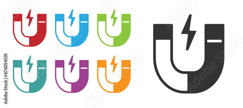 Black Magnet icon isolated on white background. Horseshoe magnet, magnetism, magnetize, attraction. Set icons colorful. Vector