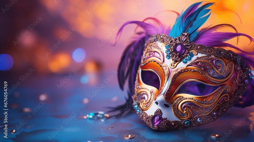 Venetian mask with elaborate feathers and gems on a reflective surface