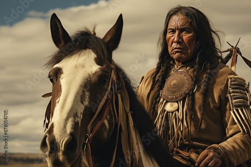 Middle-aged Native American man on horseback in traditional attire
