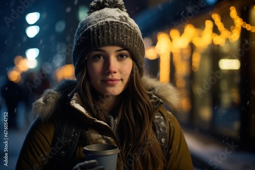 A young lady relishing her warm drink amidst falling snow