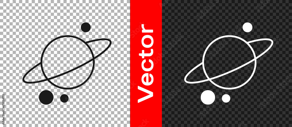Black Planet Saturn with planetary ring system icon isolated on transparent background. Vector