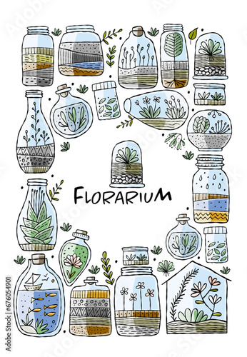 Florarium in bottle set with cactuses, succulents, leaves, branches, stones a...