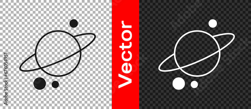 Black Planet Saturn with planetary ring system icon isolated on transparent background. Vector