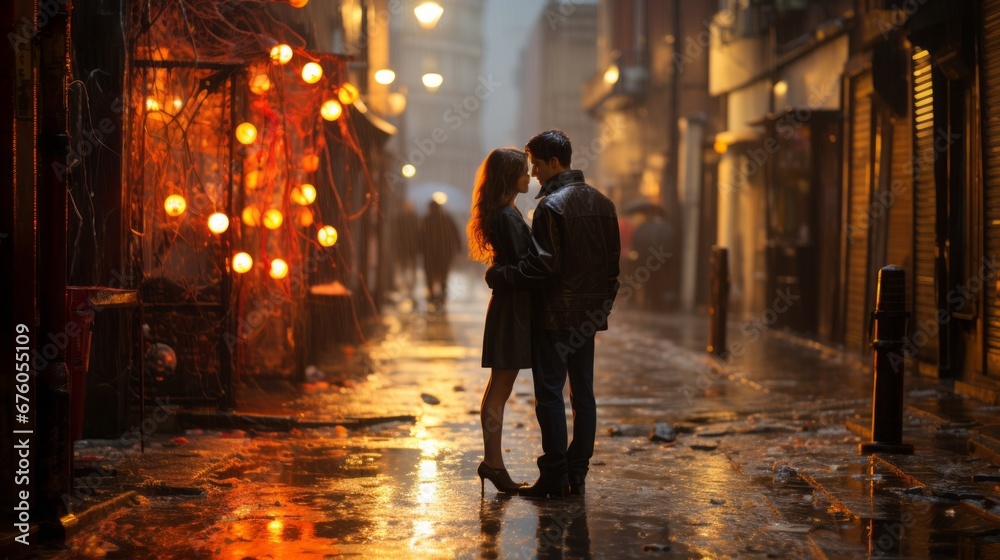 a passionate couple in love on the streets of a European city