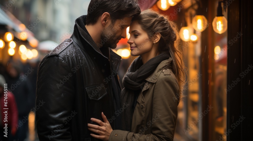 a passionate couple in love on the streets of a European city