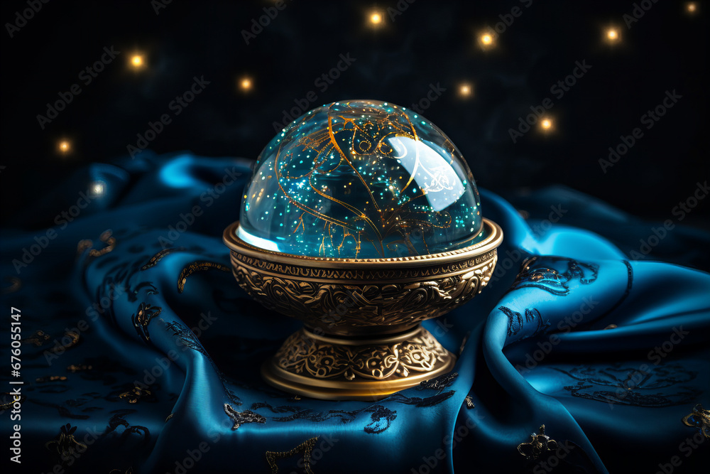 beautiful crystal ball emitting energy on a table with blue satin cloth for occult, esoteric fortune readings