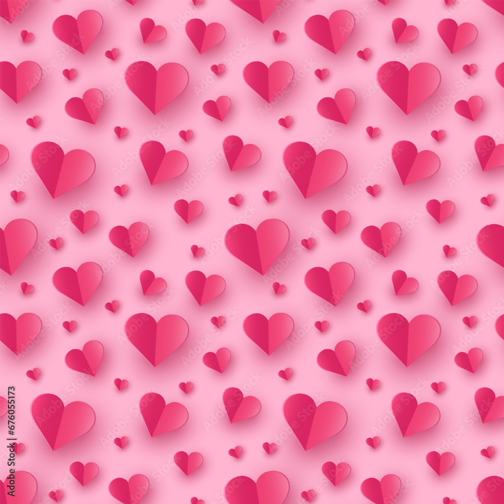 Paper cut hearts on pink background. Seamless pattern with symbols of love. Vector illustration