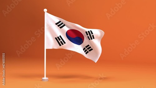 Elegant South Korea Flag on a Stand with a Warm Orange Background. Beautiful South Korea flag on a white flagpole.