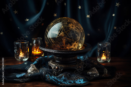 beautiful crystal ball emitting energy on a table with blue satin cloth for occult, esoteric fortune readings photo