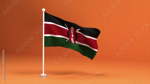 Elegant Kenya Flag on a Stand with a Warm Orange Background. Beautiful Kenya flag on a white flagpole.