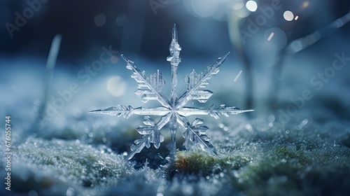  a close up of a snowflake in the middle of a field with snow flakes on the ground. generative ai
