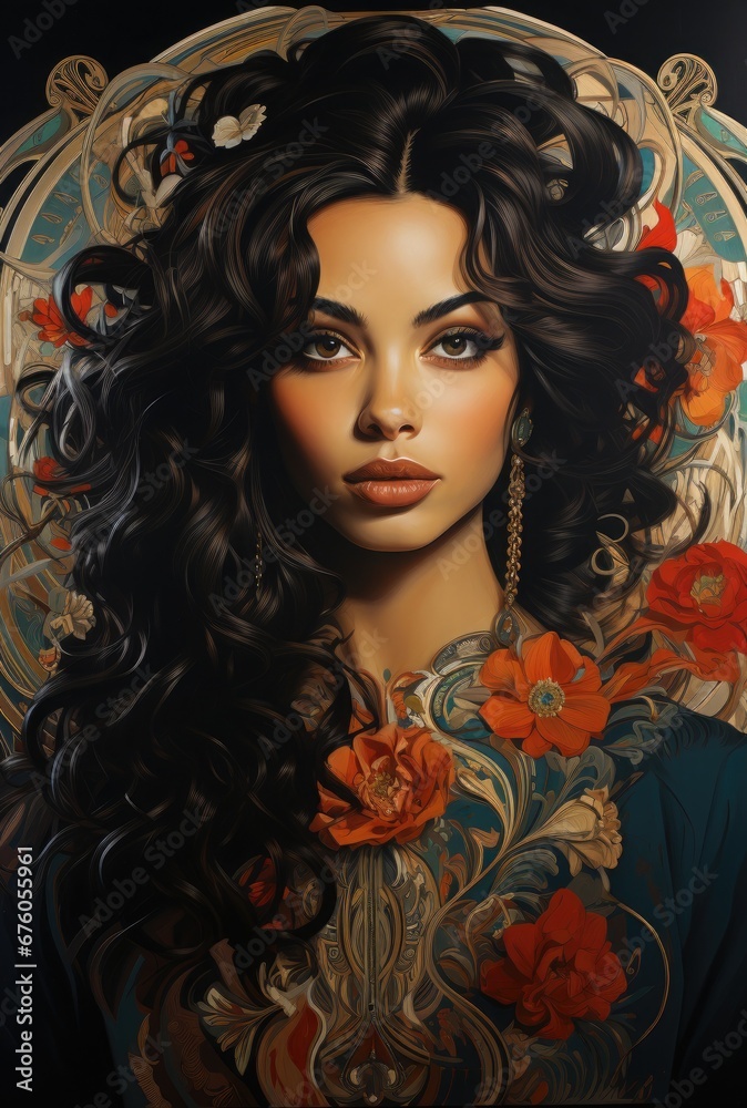 Stunning hand-drawn illustration of a gorgeous girl with luxurious long black hair, adorned with vibrant flowers. Perfect for adding a touch of natural beauty to your designs and projects Stunning hand-drawn illustration of a gorgeous girl with luxurious long black hair, adorned with vibrant flowers. Perfect for adding a touch of natural beauty to your designs and projects