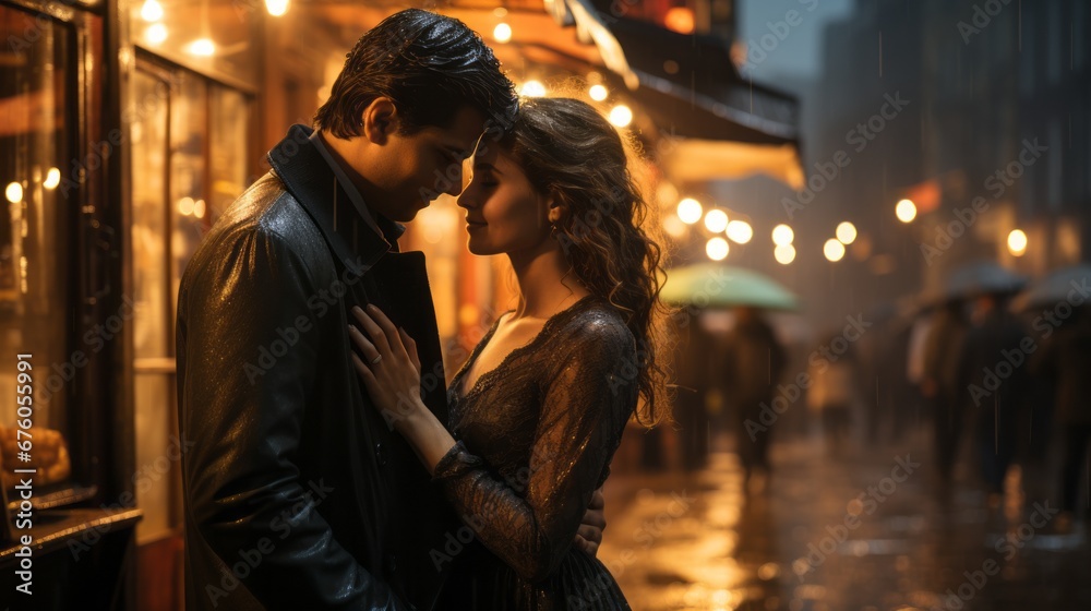 a couple in love saying goodbye in the evening street a couple in love saying goodbye in the evening street