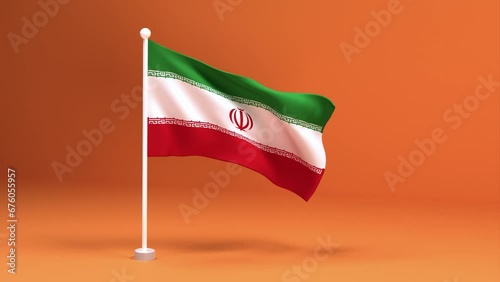 Elegant Iran Flag on a Stand with a Warm Orange Background. Beautiful Iranian flag on a white flagpole.