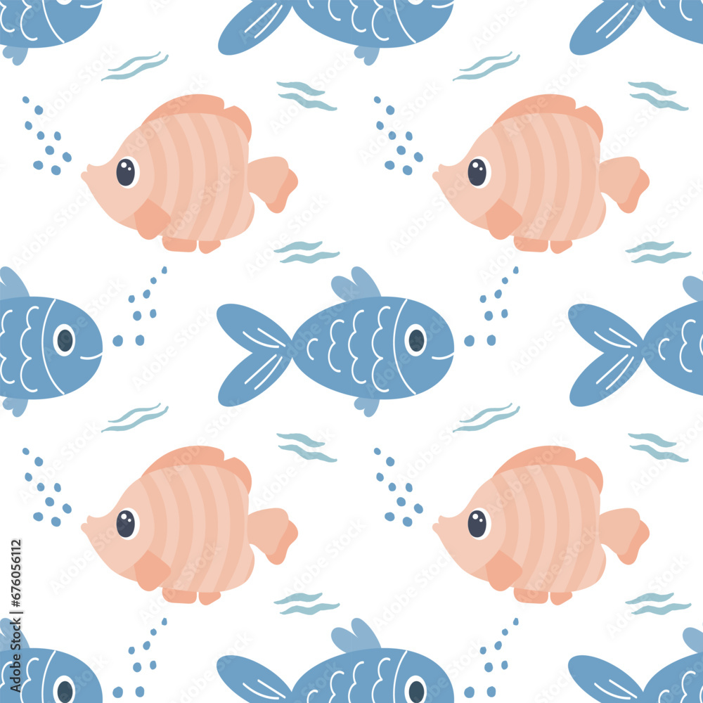 Naklejka premium Seamless pattern with cute cartoon kawaii fish on a white background. Children's print, textile, vector